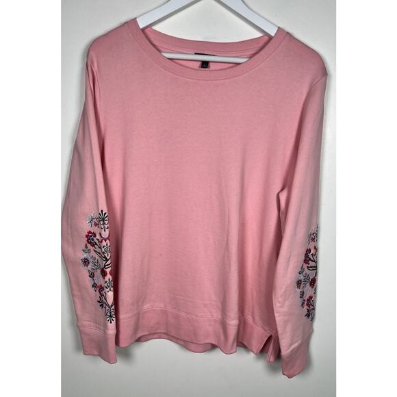 TALBOTS Embroidered Crewneck Sweatshirt LARGE Pink Top Floral Sleeves NWOT - Picture 2 of 8